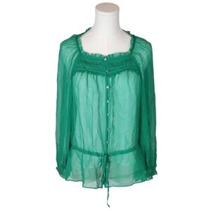 Joie Green 100% Silk Sheer Blouse S Boho Peasant Button Front Lightweight